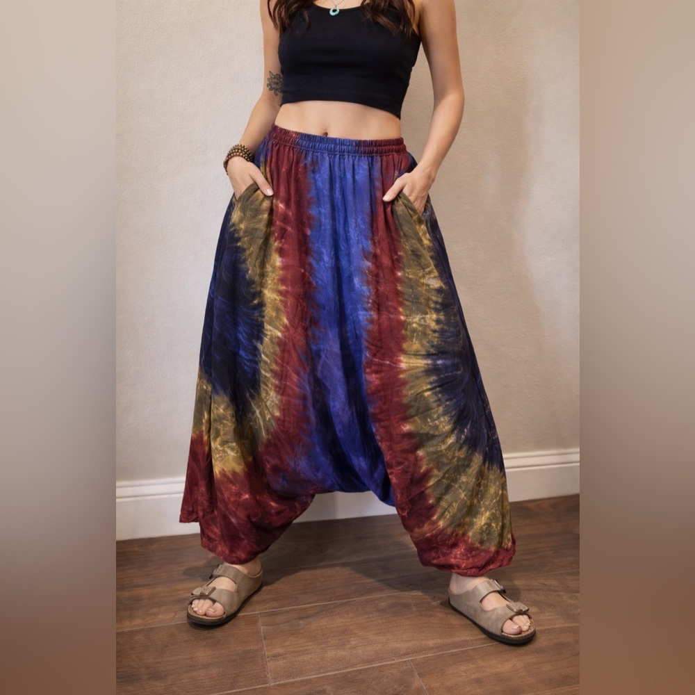 EARTHBOUND Tie-Dye Wide Leg Harem Pants in Blue, Red & Gold